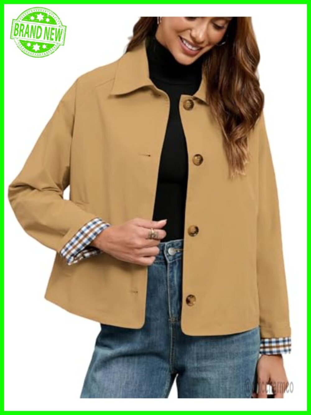 Cropped Trench Coat for Women Single Breasted Classic Lapel Overcoat Plaid Lined